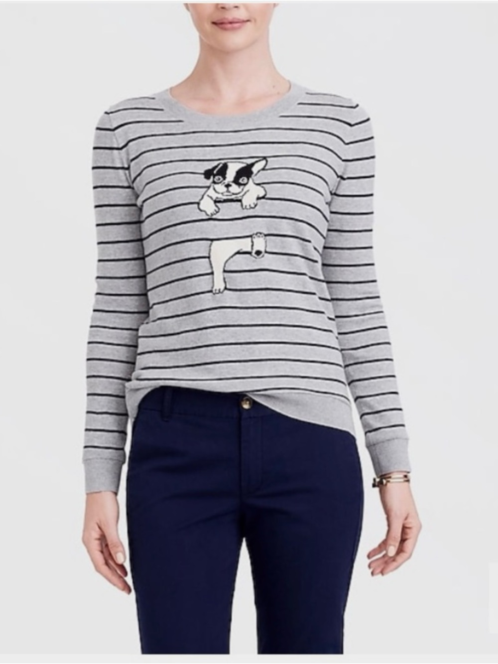 J. Crew Teddy Sweater Gray Striped Crewneck Long-Sleeve Sweater with Dog Motif